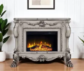574008 Homeroots 47 Inch Bone Wood Ornate Carved Scrollwork Electric Free Standing Fireplace With