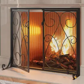 B0bg6yxsqc Kingson 2-panel Fireplace Screen With Doors Handcrafted Wrought Iron Decorative