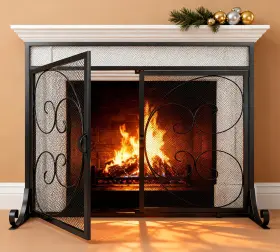 Kingson B0cm97bbt6 Fireplace Screen With Hinged Magnetic Doors 2-panel Sturdy Steel Frame