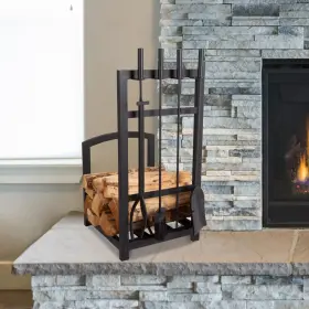 88016080 Lavish Home 5-piece Fireplace Tool Set And Log Rack - Mission-style Firewood Holder With