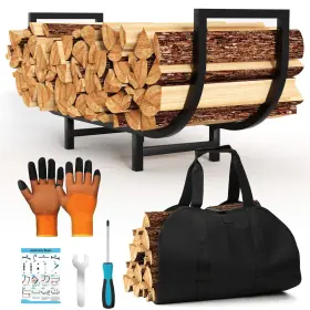 Lx4032 Lifeisluck Firewood Rack Indoor With Log Carrier - 34inch Fireplace Wood Holder Black O