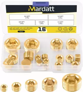 Mardatt 798789765806 16pcs 5 Sizes Brass Npt Plug Assortment Kit 1/8 Inch The Gold