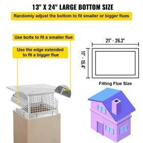 Ycz13x24ybbz6rlt0v0 Vevor Chimney Cap 13 Inch X24 Flue Caps 304 Stainless Steel Fireplace Cover #3