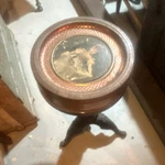 Antique Metal Accent Table, Victorian Top, Brown Gold Finish, Iron Bottom. Fixed Price $120.00.