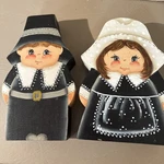 Vtg Folk Art Tole Painted Wood Pilgrim Couple Thanksgiving Table Candle Holder. Fixed Price $12.95.